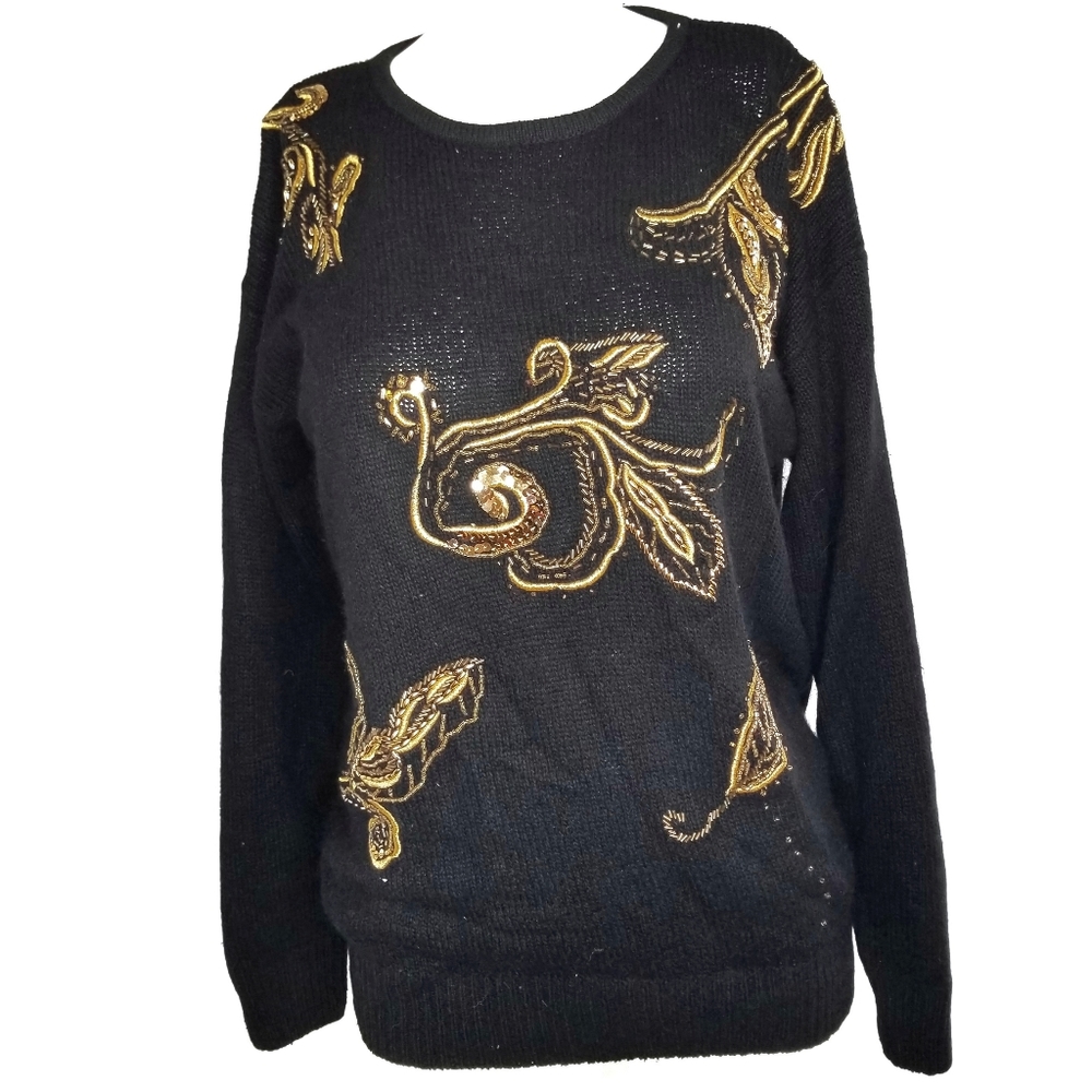 P'galli Silk Angora Lambswool Vintage Black Sweater Gold Embellished Beaded vtg